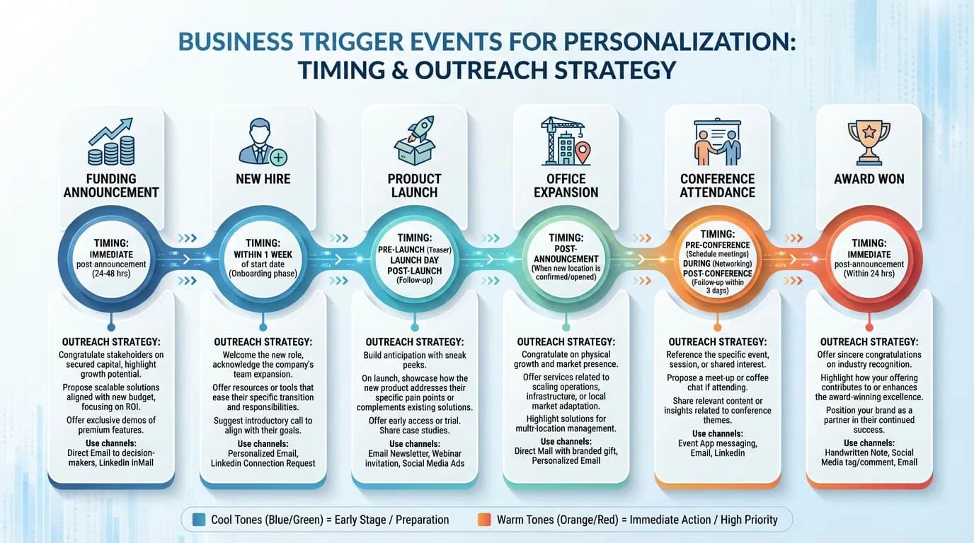 Business trigger timeline showing optimal outreach moments after company events