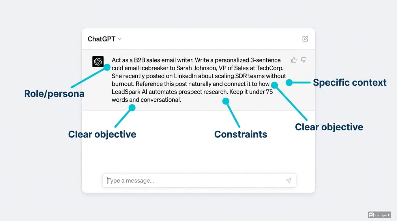 Screenshot showing proper ChatGPT prompt structure for sales email generation