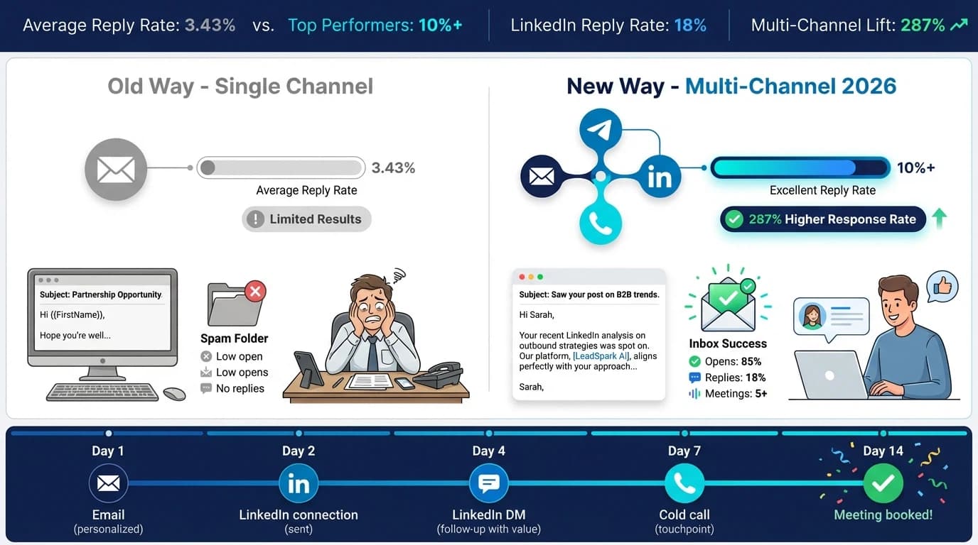 Cold outreach comparison showing 287% higher response rates with multi-channel approach