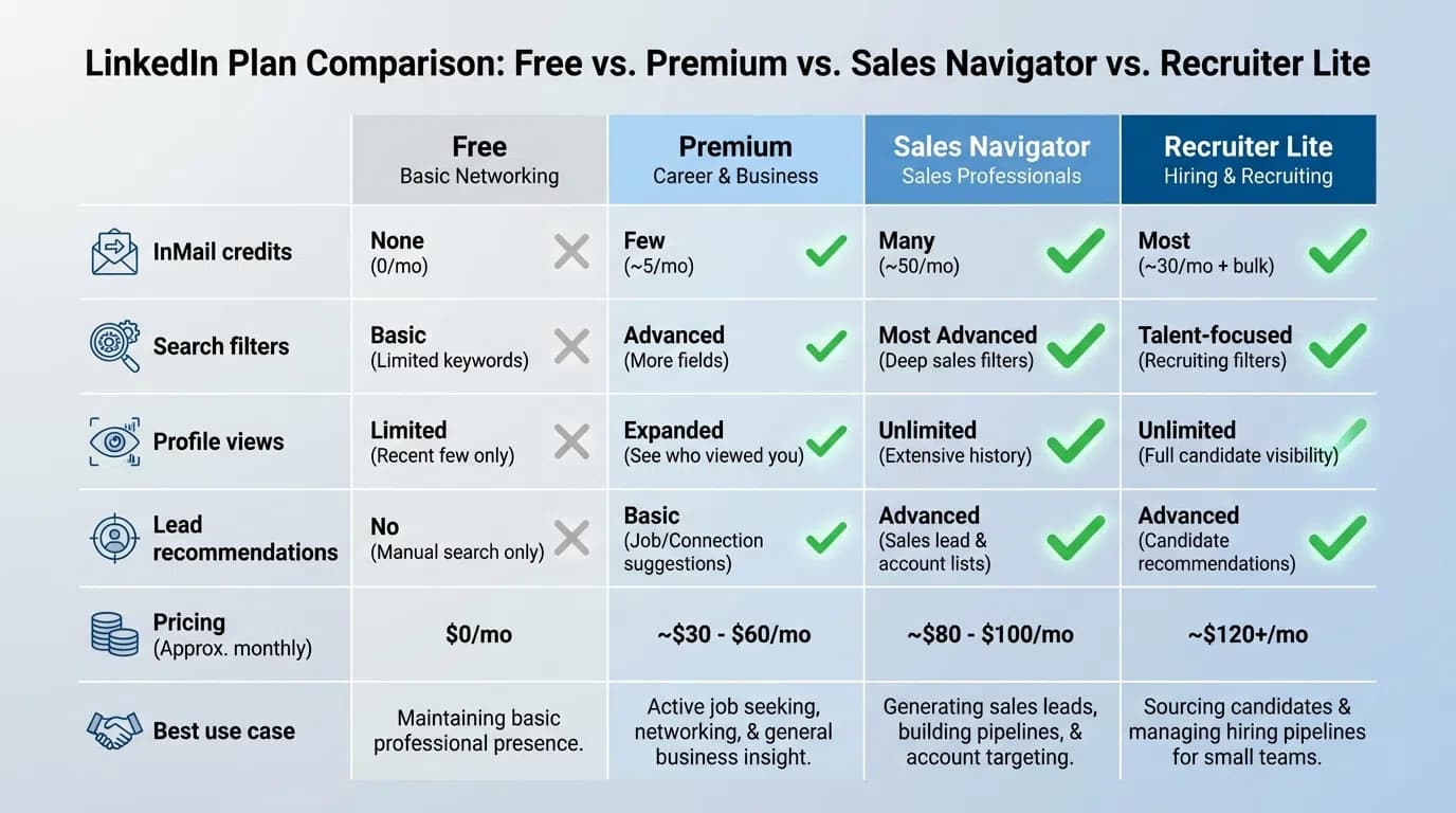Feature comparison chart showing search filters, InMail credits, and AI capabilities across all LinkedIn plans