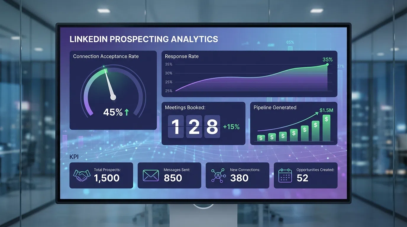 LinkedIn prospecting metrics dashboard showing connection rates, response rates, and meeting bookings for SDR performance tracking