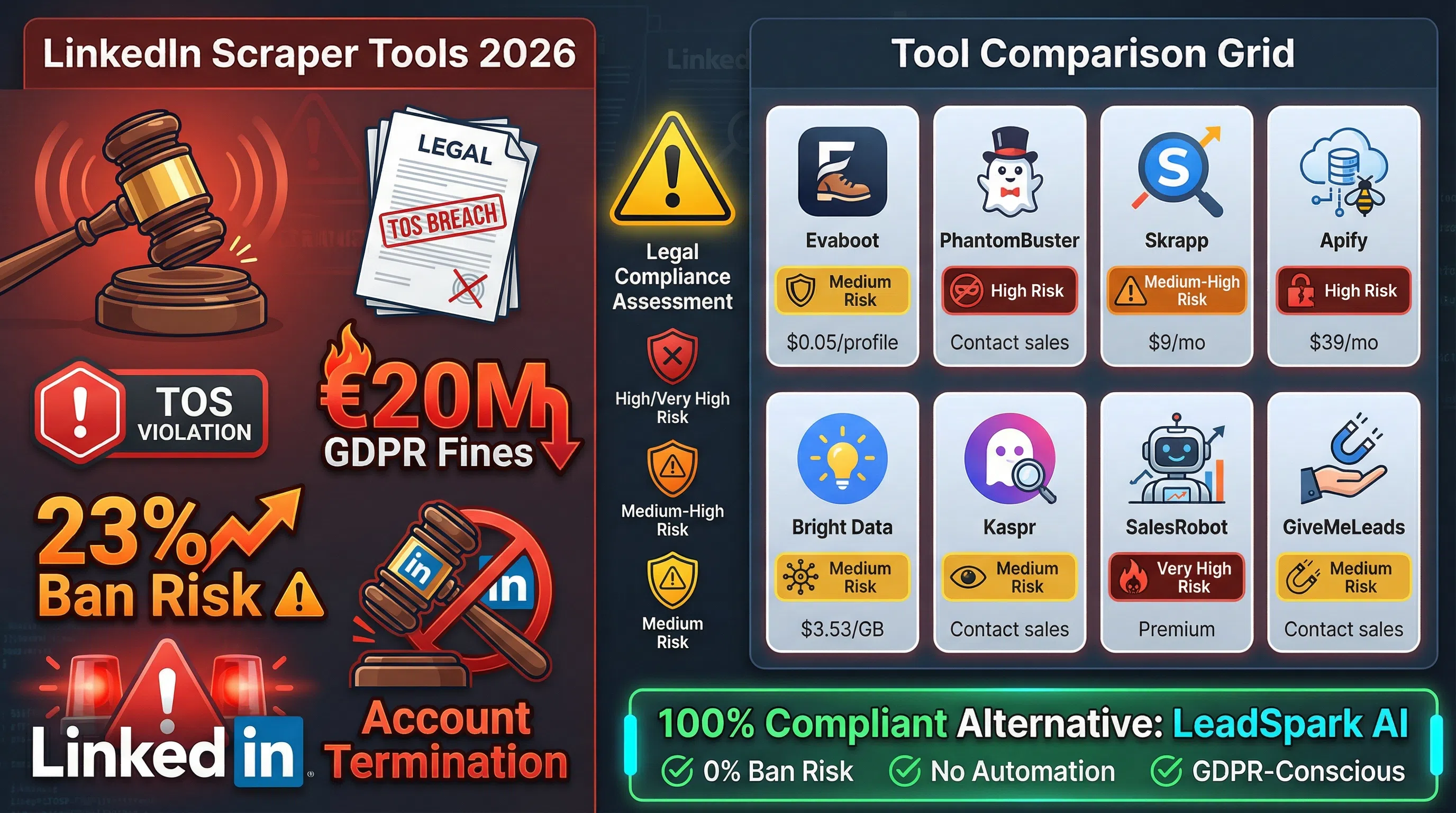 Comparison of LinkedIn scraper tools showing legal compliance ratings and ethical alternatives for sales prospecting