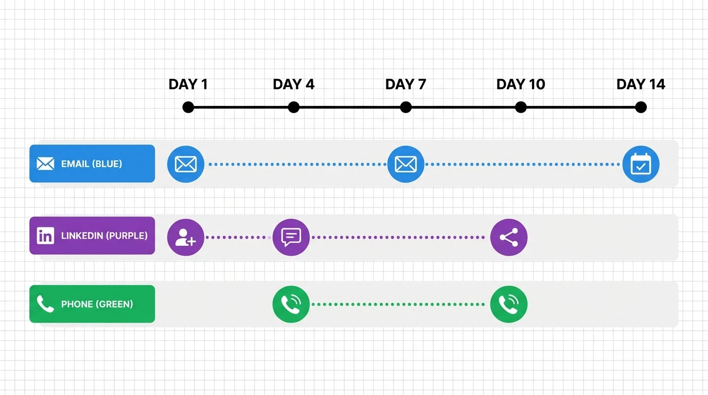 Multi-channel sales cadence showing email, LinkedIn, and phone touchpoints over 14 days