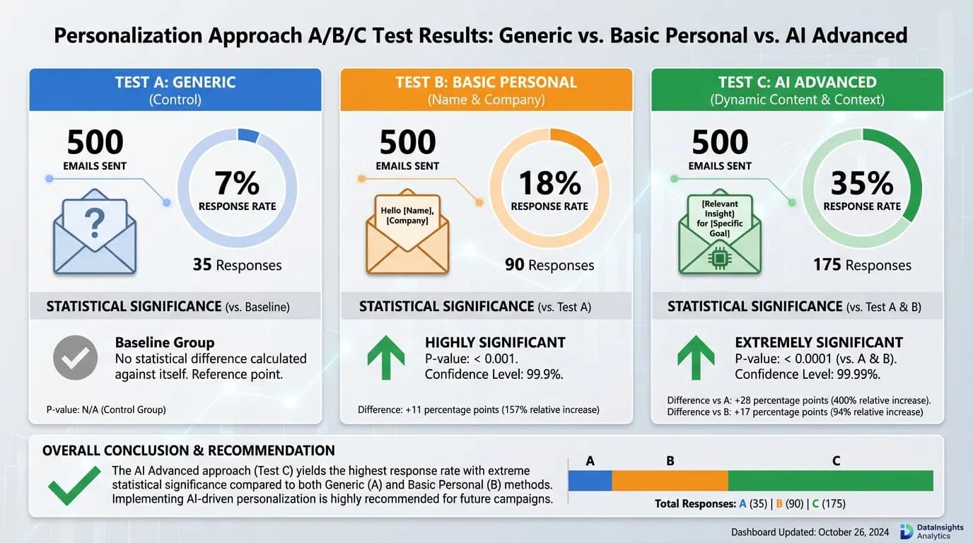 Analytics dashboard showing personalization A/B test results across different approaches and segments