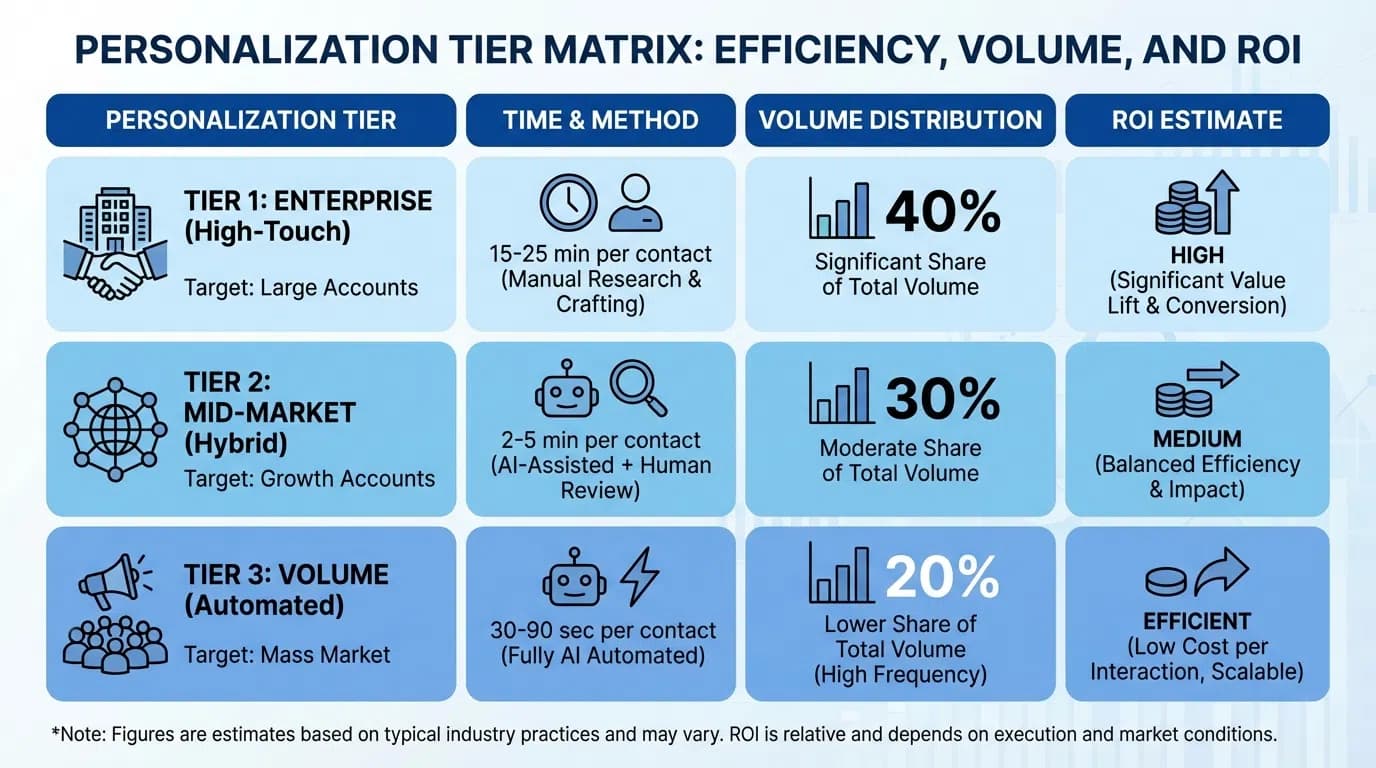 Comparison chart showing three levels of personalization with response rates: basic tokens 5-8%, dynamic content 15-25%, AI hyper-personalization 30-40%