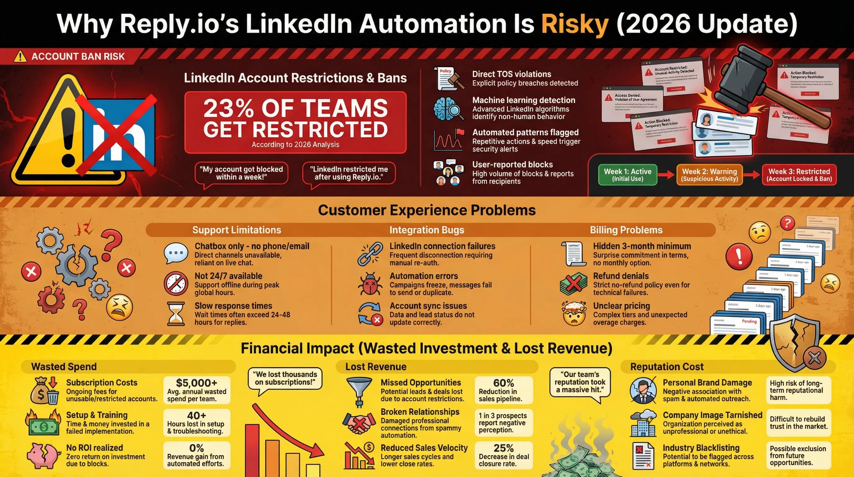 Infographic showing Reply.io LinkedIn automation risks: 23% account ban rate, TOS violations, and customer support issues