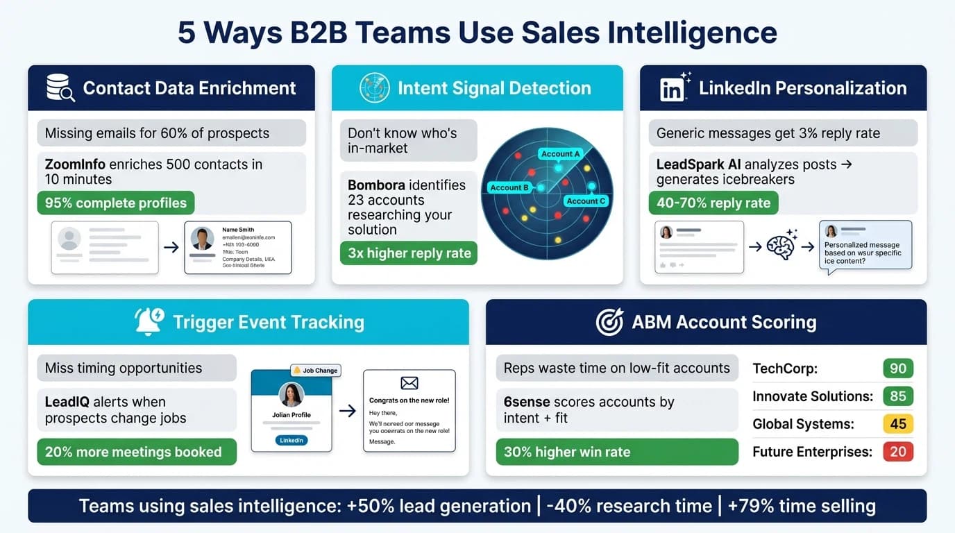 5 key use cases for sales intelligence tools: contact data enrichment, intent signal detection, LinkedIn personalization, trigger event tracking, and account-based marketing with real-world examples and results