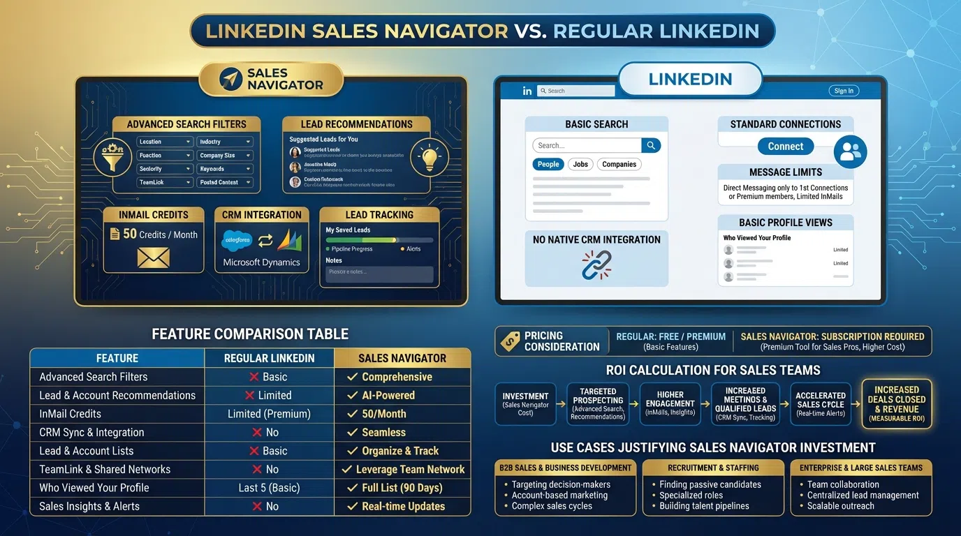 Side-by-side comparison of LinkedIn Sales Navigator and regular LinkedIn features for sales prospecting