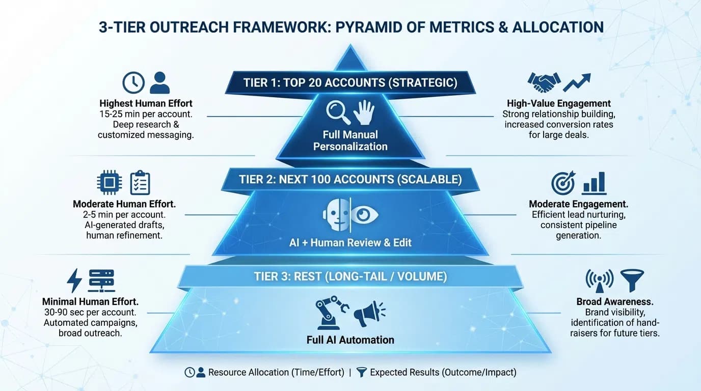 Pyramid diagram showing three-tier personalization framework with appropriate approach for each tier based on deal size and volume