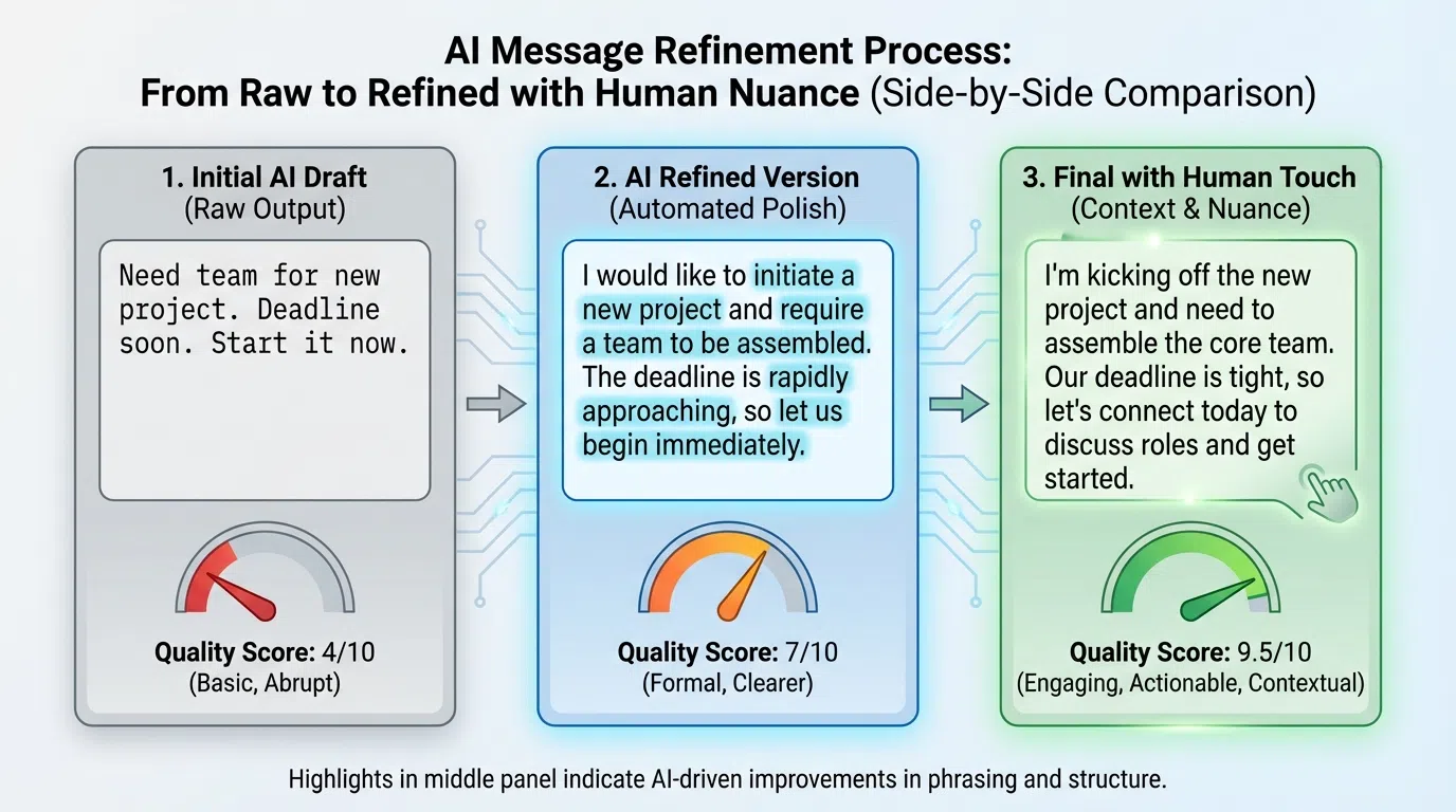 Comparison of AI-generated vs human-refined LinkedIn personalization showing before and after examples