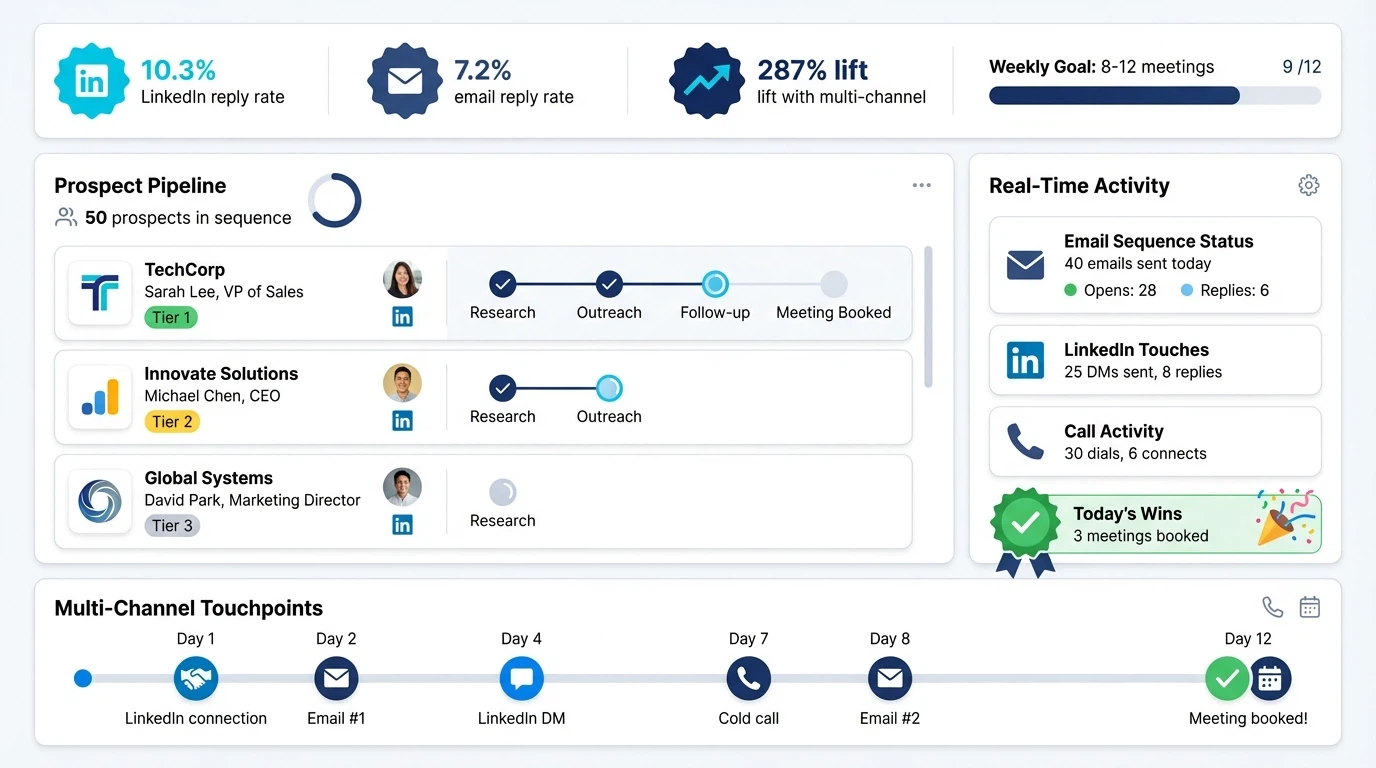 B2B prospecting dashboard showing multi-channel workflow with 10%+ LinkedIn reply rates