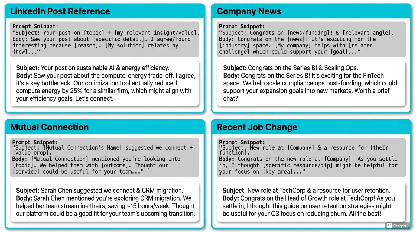 Collection of ChatGPT cold email prompt templates with example outputs for sales professionals