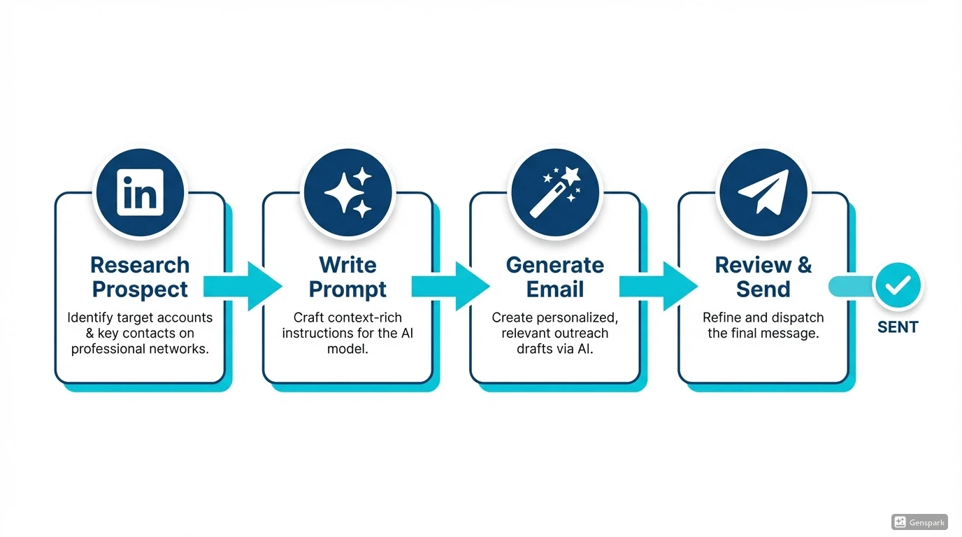 Diagram showing ChatGPT workflow for sales professionals from research to email generation