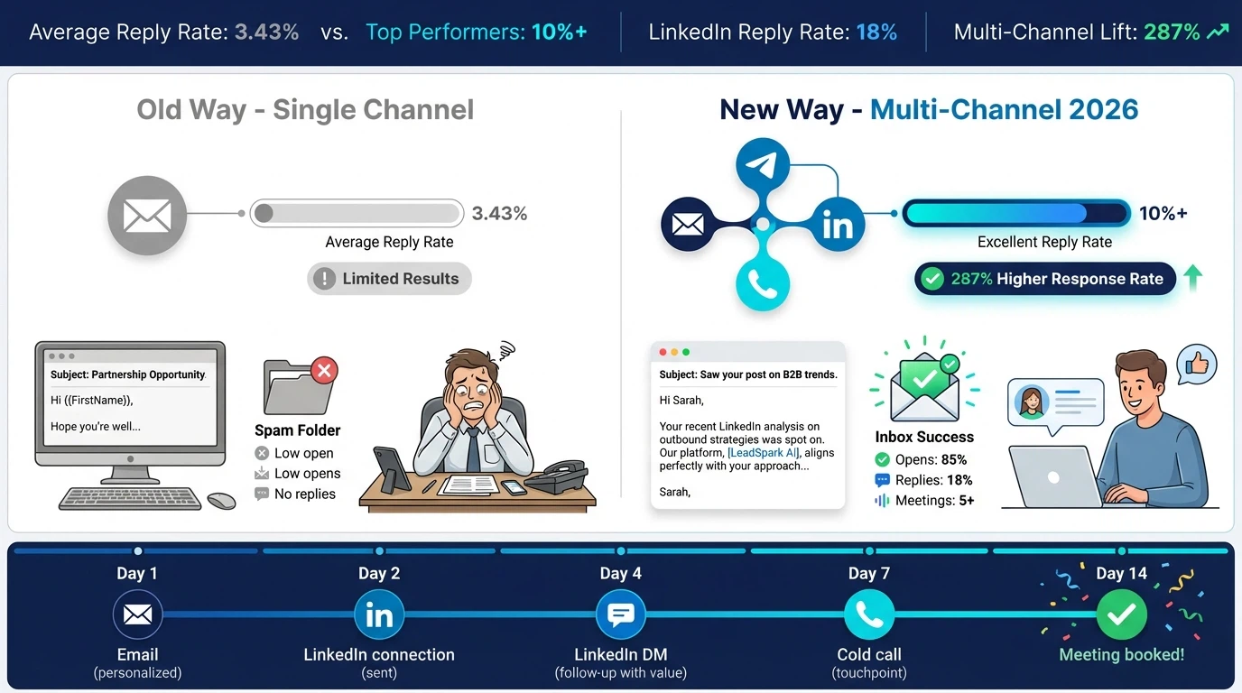 Cold outreach comparison showing 287% higher response rates with multi-channel approach