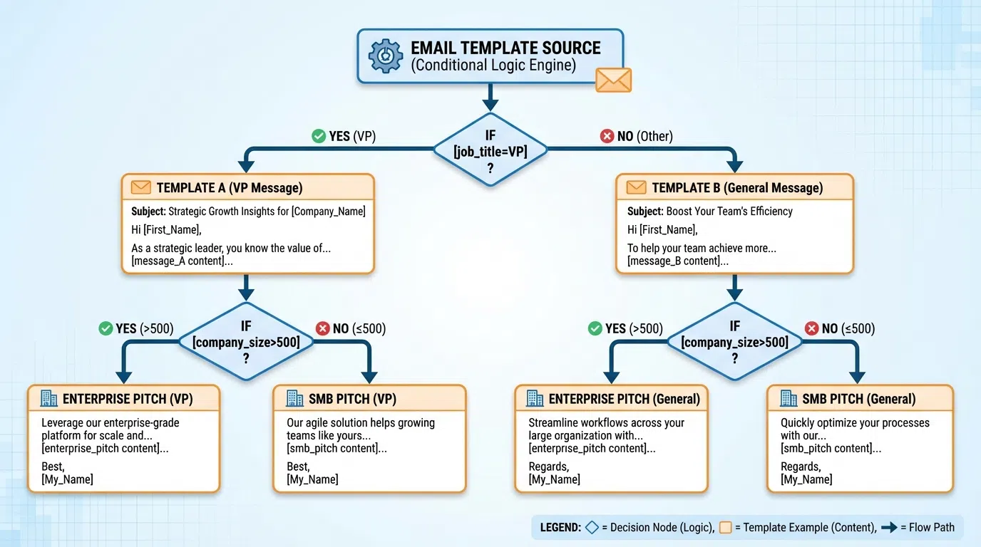 Example of dynamic content with conditional logic showing different message variations based on company size, role, and trigger events