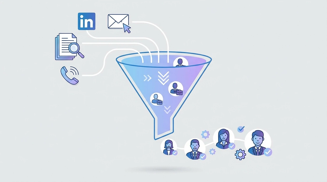 B2B lead generation funnel showing multiple channels including LinkedIn, email, and content marketing