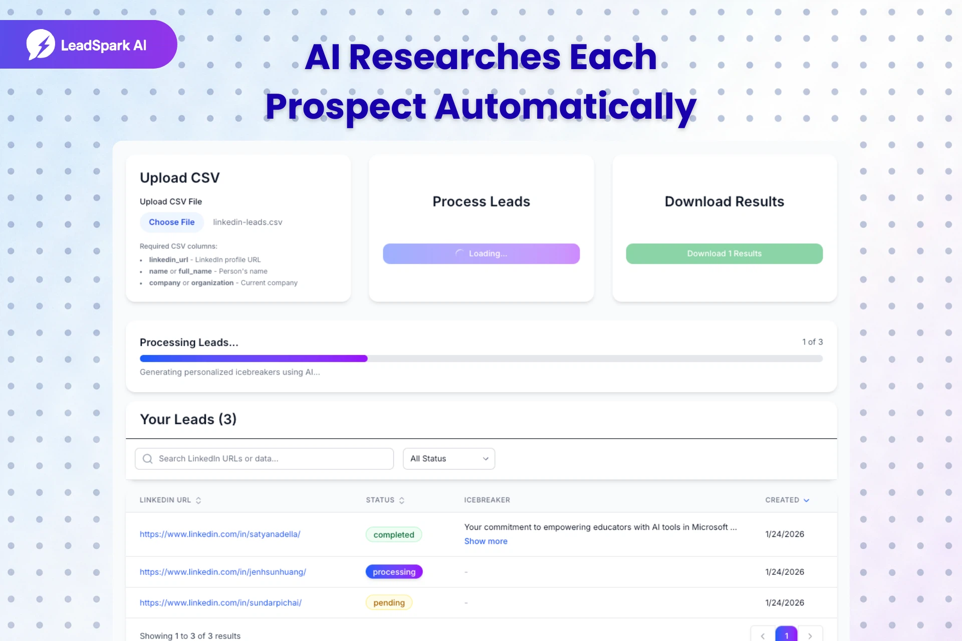 LeadSpark AI dashboard showing CSV upload and lead processing interface
