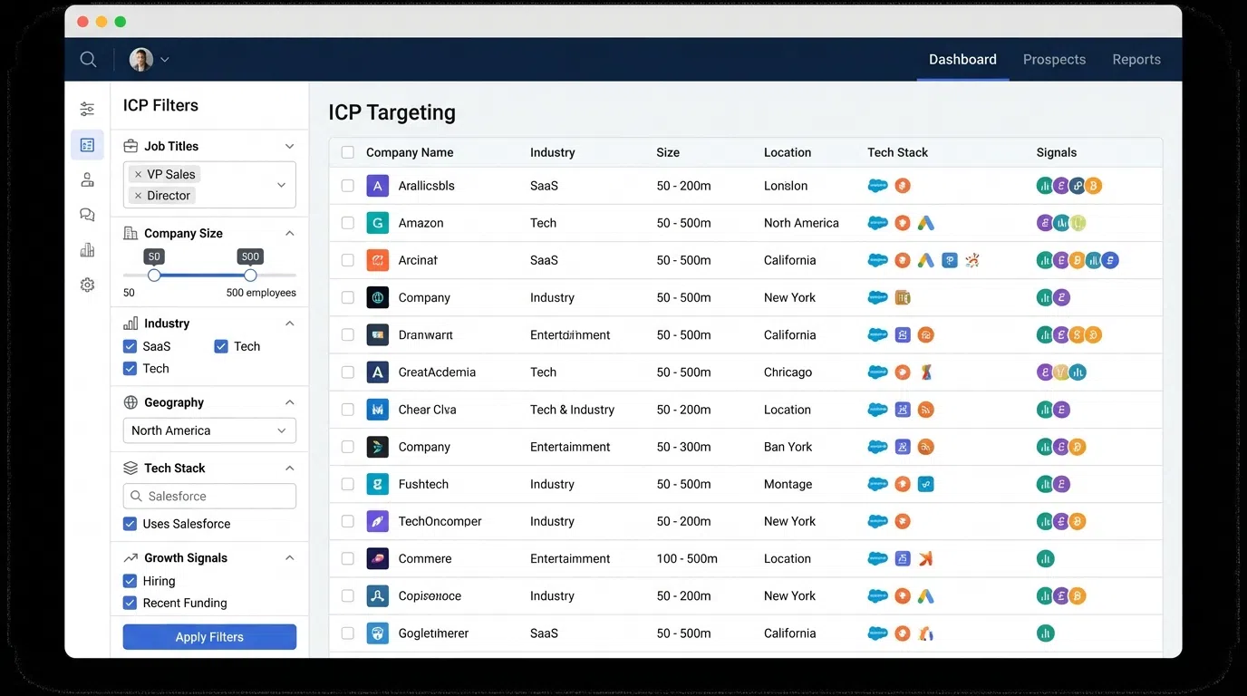LinkedIn Sales Navigator search interface showing ICP targeting criteria and filters