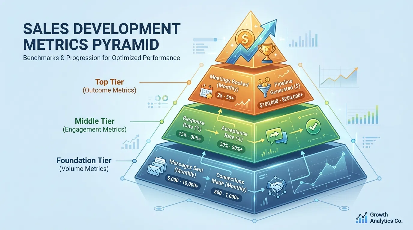 LinkedIn prospecting metrics pyramid showing activity metrics at base, engagement metrics in middle, and outcome metrics at top