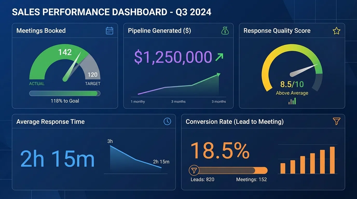 LinkedIn outcome metrics dashboard showing meetings booked, show-up rates, SQLs generated, pipeline created, and cost per meeting