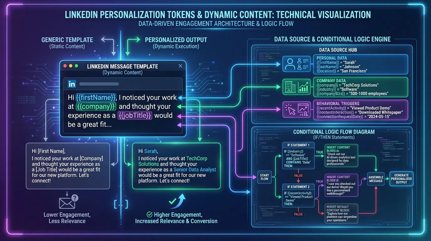 Dashboard showing LinkedIn message templates with dynamic personalization tokens and AI-generated custom content