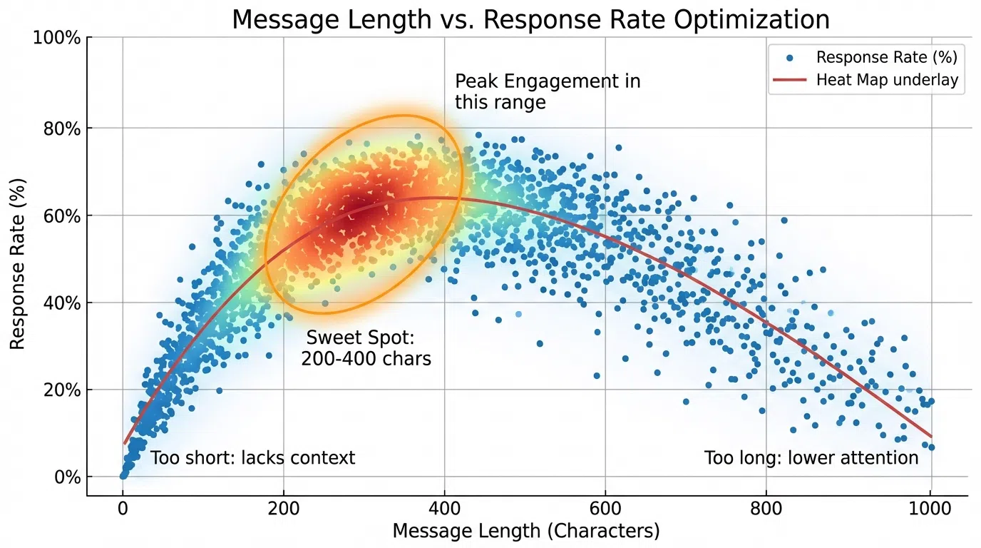 Response rate correlation chart showing character count vs response performance
