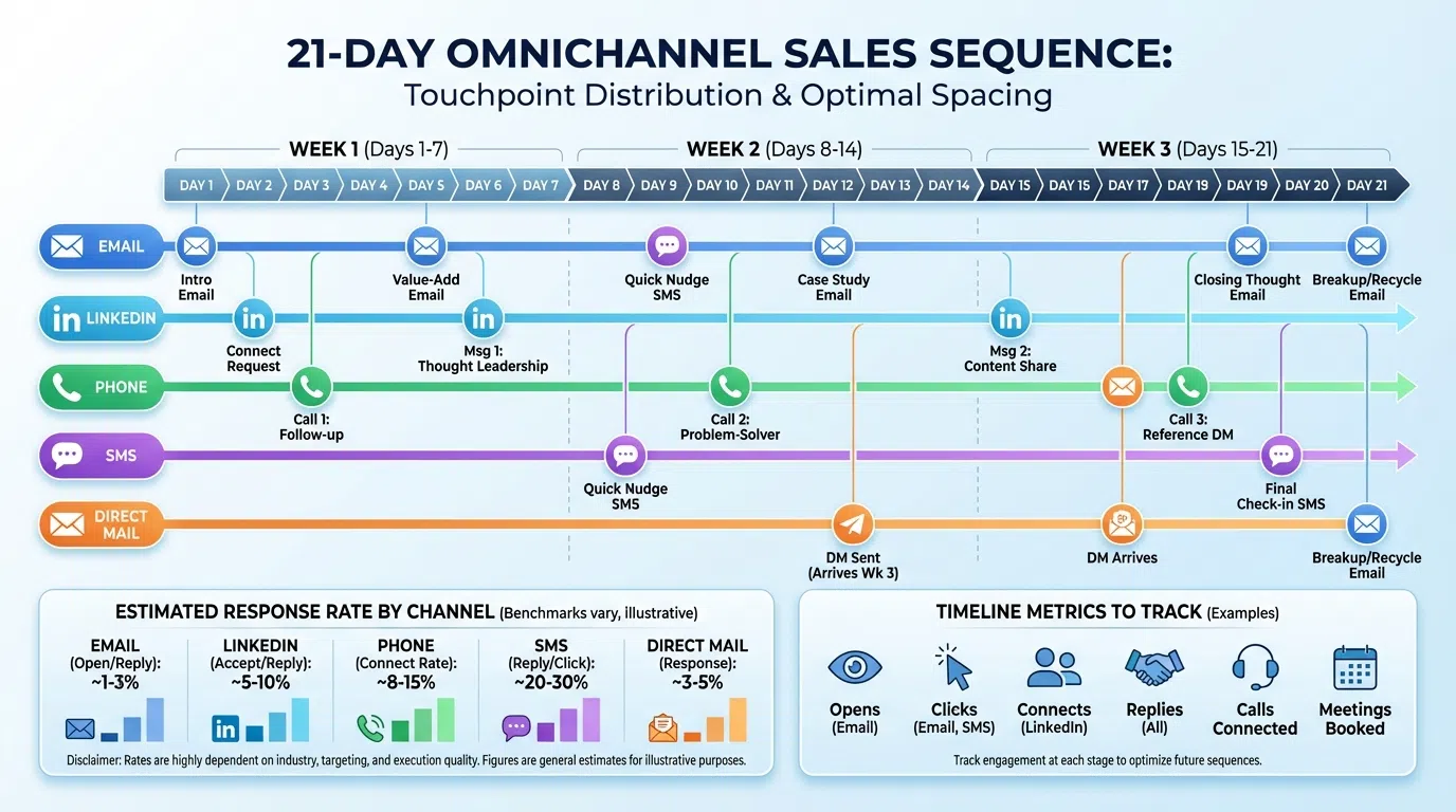 Omnichannel cold outreach sequence showing LinkedIn, email, and phone touchpoint coordination