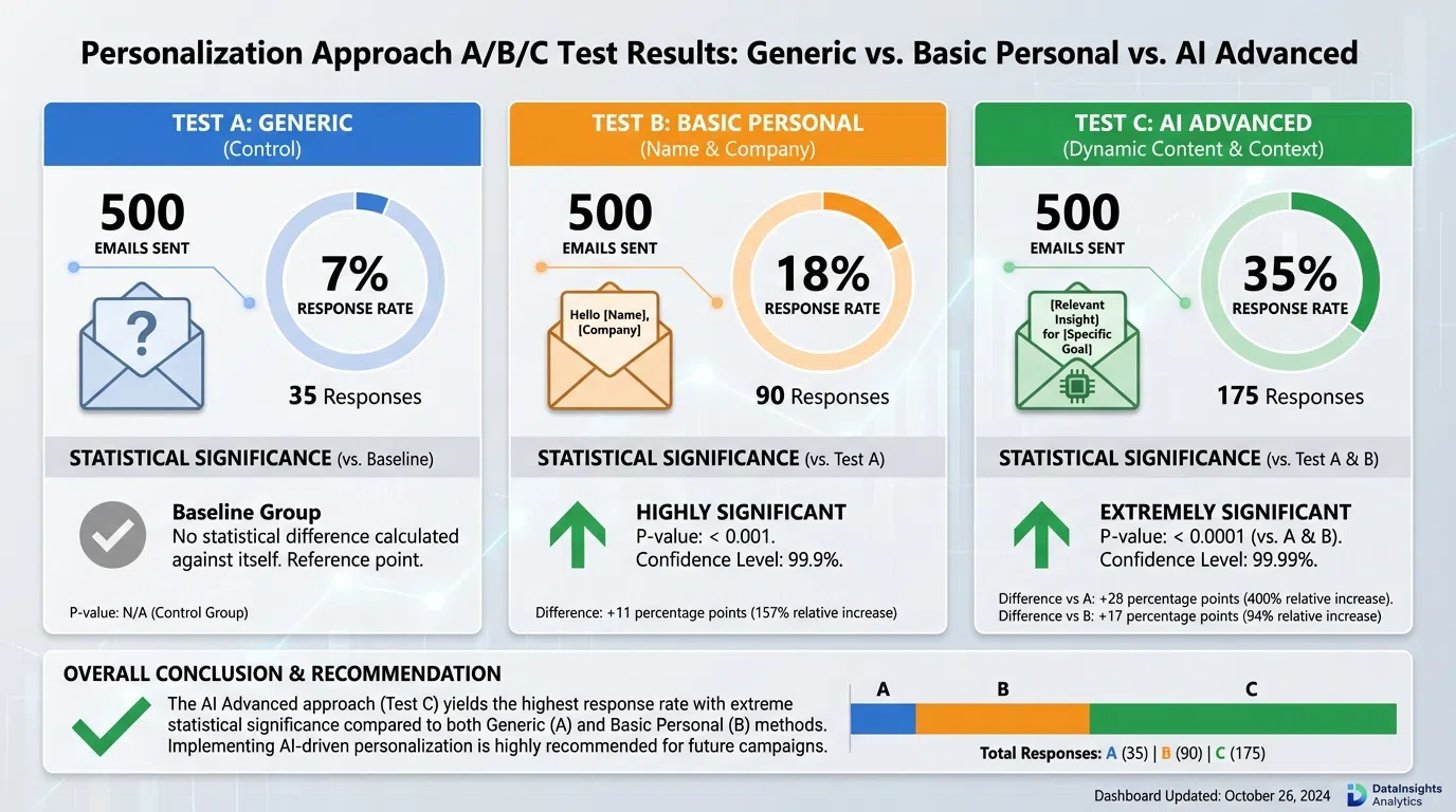 Analytics dashboard showing personalization A/B test results across different approaches and segments