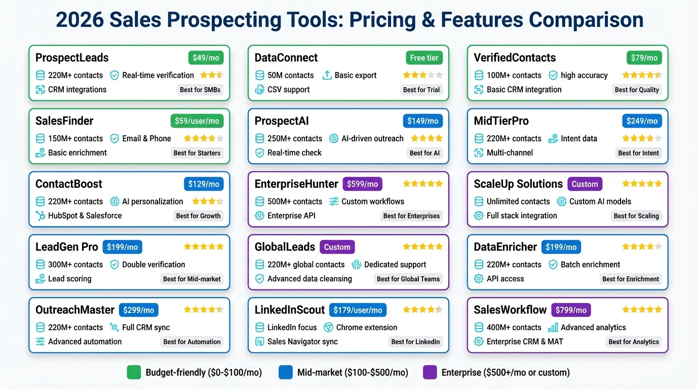 Comparison chart showing pricing tiers and features across top 15 sales prospecting tools